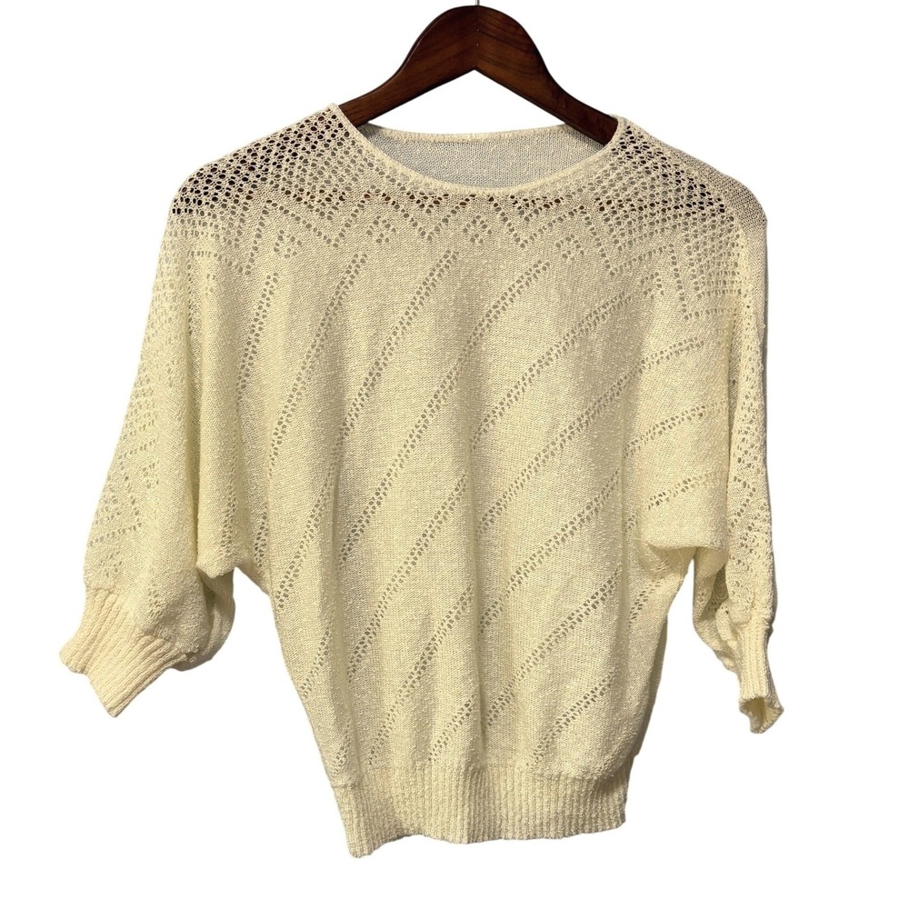 Vintage Cream Batwing Sweater Metallic Pointelle Knit Dolman Sleeve Shimmer Top